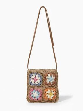 Crochet Flower Patch Mini Crossbody Bag 8 x 7.5 Natural